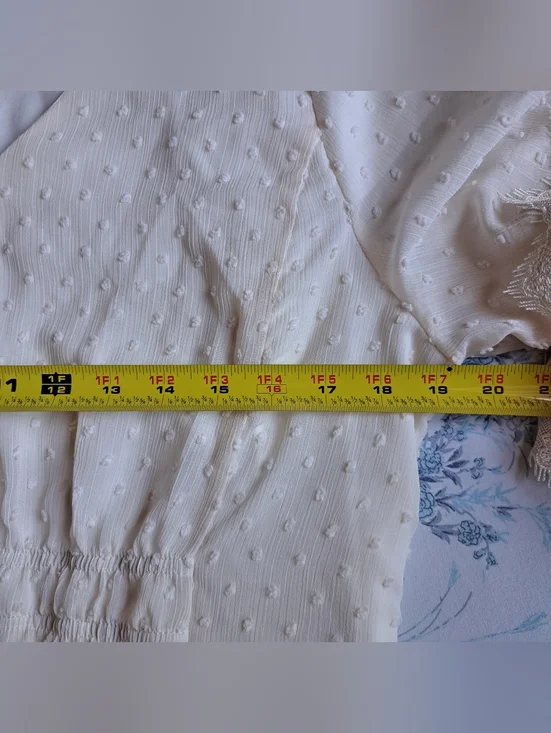 Polagram Ivory Swiss Dot Modest Midi Dress Lace Sleeves V-Neck Size L - Picture 12 of 16